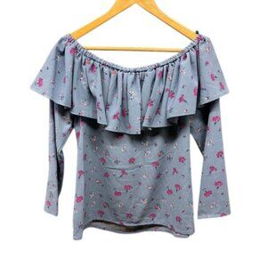 Jill Stuart Women’s XS Blue Floral Off Shoulder Ruffle Long Sleeve Blouse‎ Top